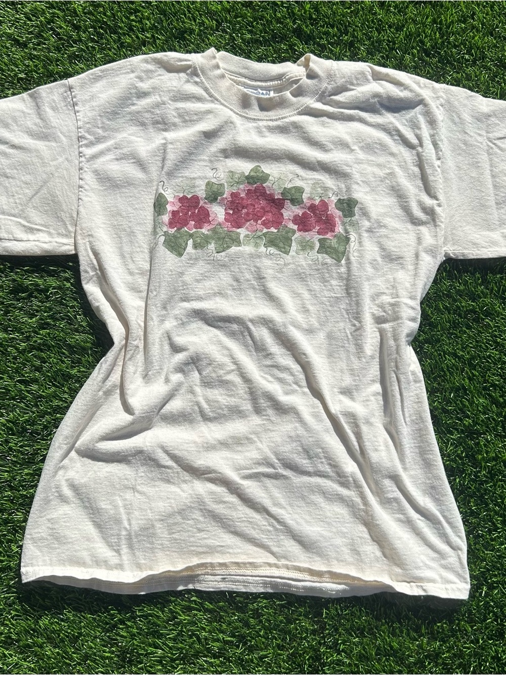 Gildan Cream Tee with Pink Floral and Green Leaves